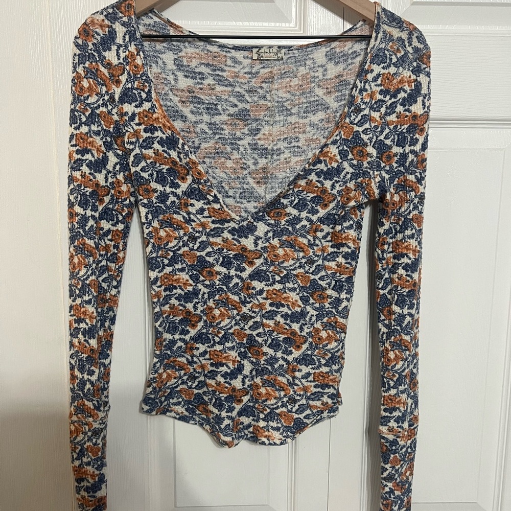 Free People Blue and Orange Floral V Neck Long Sleeve